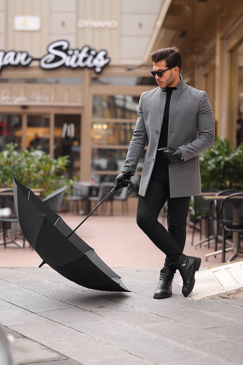 Hello7 Erkek Siyah slim Fit dar kesim Kaşe Kaban Yeni Sezon görsel 3