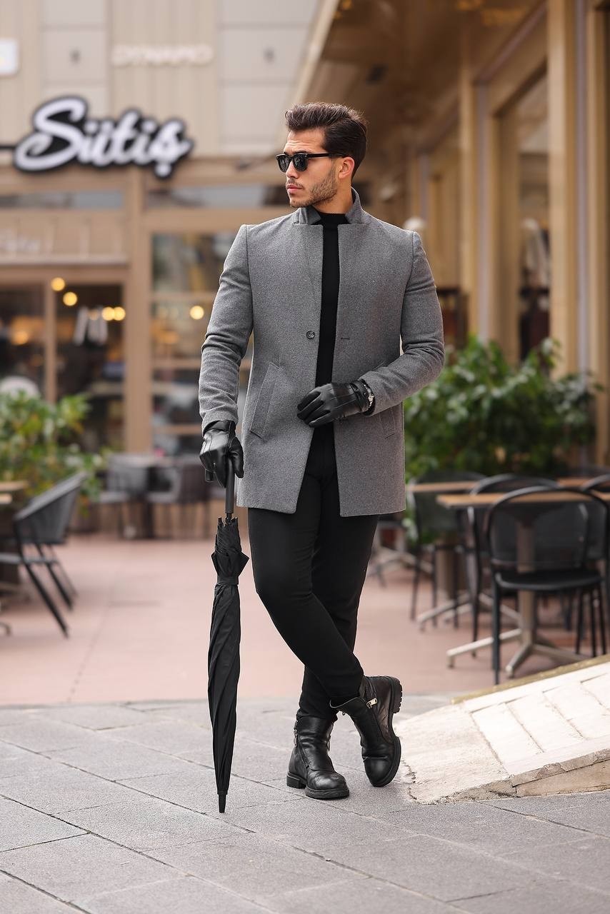 Hello7 Erkek Siyah slim Fit dar kesim Kaşe Kaban Yeni Sezon görsel 2