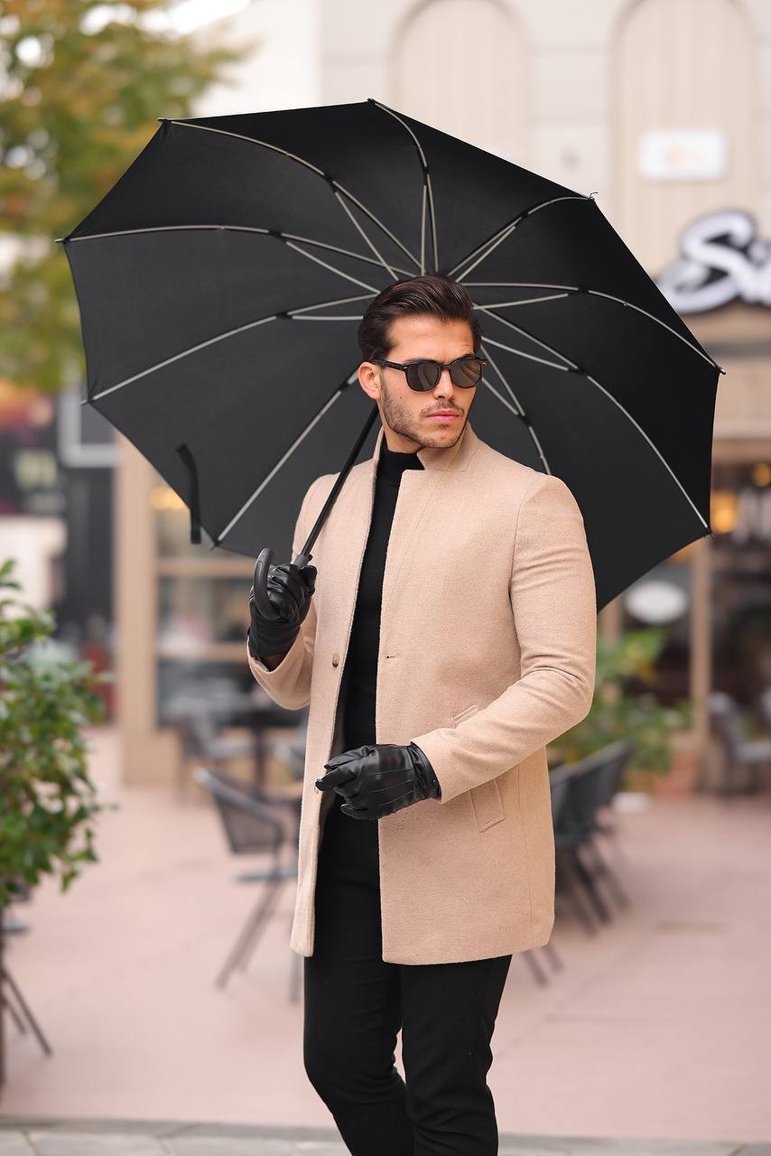 Hello7 Erkek Siyah slim Fit dar kesim Kaşe Kaban Yeni Sezon