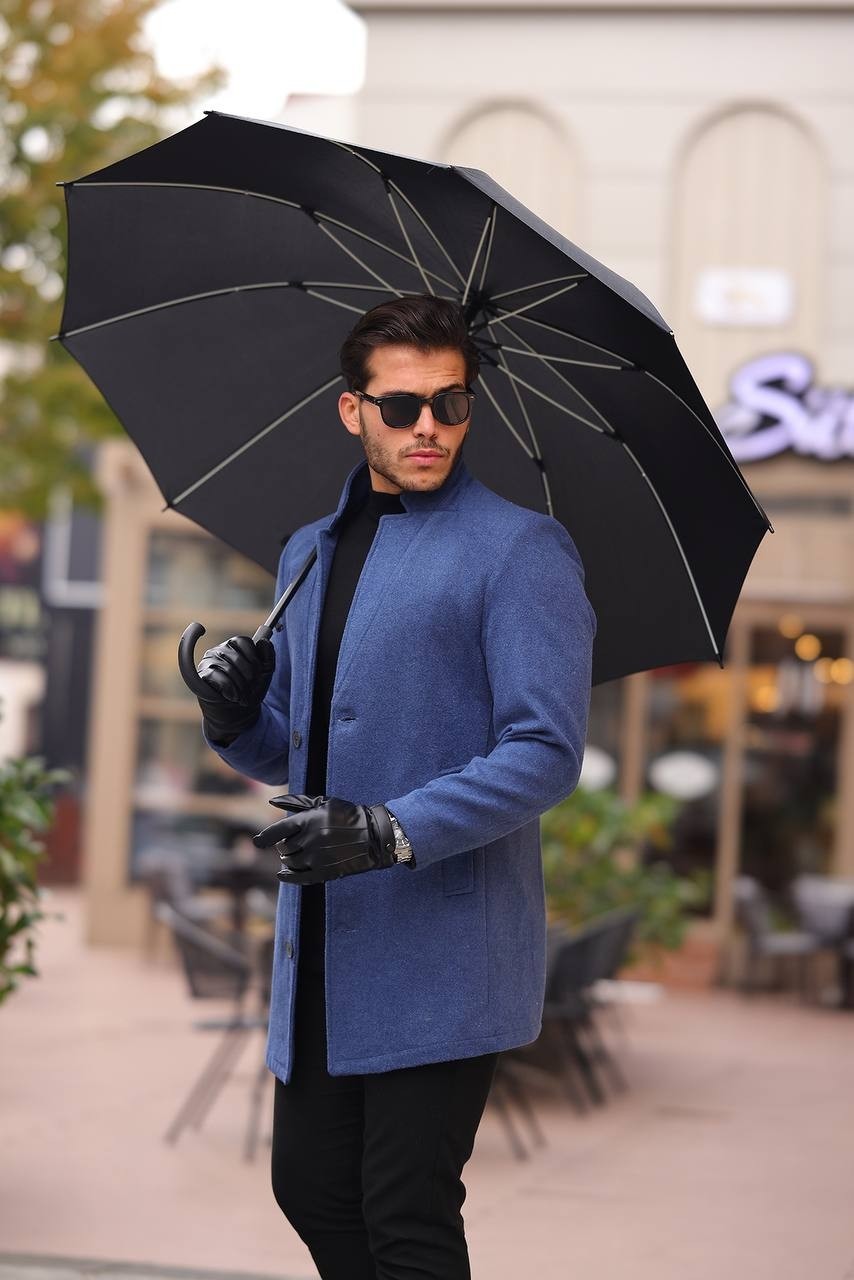 Hello7 Erkek Siyah slim Fit dar kesim Kaşe Kaban Yeni Sezon