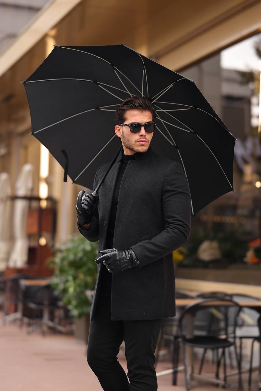 Hello7 Erkek Siyah slim Fit dar kesim Kaşe Kaban Yeni Sezon