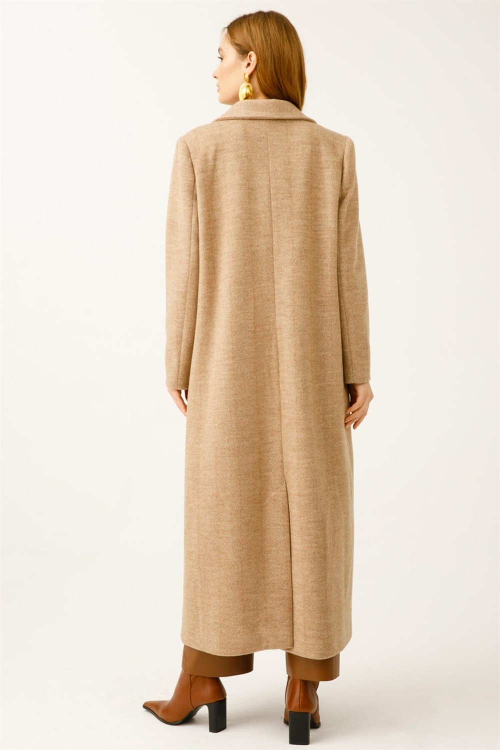 Esswaap Balıksırtı Yün Kumaş Manto Camel görsel 5