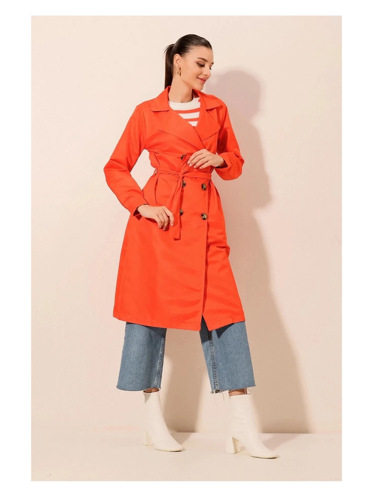 Hazelin Kadın Oranj Kruvaze Yaka Kemerli Astarsız Mevsimlik Rahat Trençkot HZL22S-BD158531
