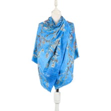 Bursa İpek Turkuaz Badem Çiçeği Desen Kışlık Şal