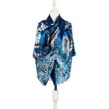 Bursa İpek Mavi Tavuskuşu Desen Kışlık Şal