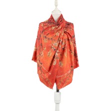 Bursa İpek Turuncu Badem Çiçeği Desen Kışlık Şal