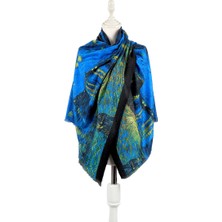 Bursa İpek Mavi Yıldızlı Geceler Desen Kışlık Şal