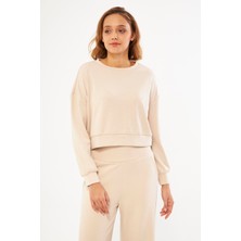 Chandraswear Bej Kadın Uzun Kollu Crop Sweatshirt - Gobi