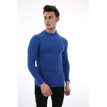 Twovol Likralı Boğazlı Saks Sweat