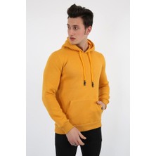 Twovol 3 Iplik Şardonlu Kapşonlu Düz Hardal Sweat