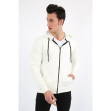 Twovol Düz Kapşonlu Fermuarlı Beyaz Sweat