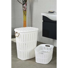 Tuffex Ahşap Görünümlü Halatlı Kirli Sepeti ve Çamaşır Sepeti 62 Lt - Beyaz