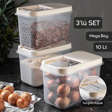 Meleni Home 3'lü Multibox 10 Lt Bakliyat Saklama Kabı - Kayar Kapaklı Erzak Saklama Kabı Un Kabı Krem