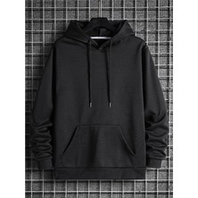 One Button Unisex Siyah Kanguru Cepli Kapüşonlu Sweatshirt  Hoodie