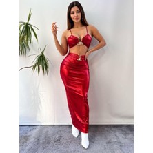 Pink Life Kırmızı Pu Faux Lame Tokalı Elbise