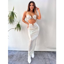 Pink Life Beyaz Pu Faux Lame Tokalı Elbise