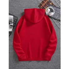 One Button Unisex Kırmızı Kanguru Cepli Kapüşonlu Sweatshirt Kırmızı Hoodie