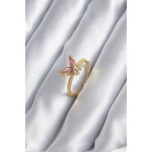 Mustran Gold Renk Pembe Zirkon Taşlı Kelebek Model Kadın Yüzük