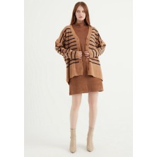 Ajour Cizgili Oversize Camel Hırka