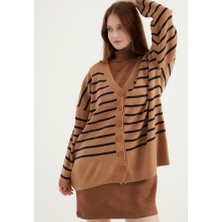Ajour Cizgili Oversize Camel Hırka