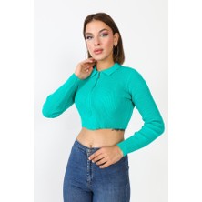 Ajour Polo Yaka Fermuarlı Turkuaz Crop Kazak