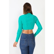 Ajour Polo Yaka Fermuarlı Turkuaz Crop Kazak