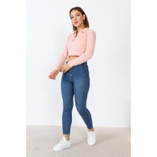 Ajour Polo Yaka Fermuarlı Pudra  Crop Kazak