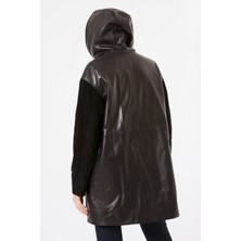 Nero Leather Fur Örgü Detaylı Kapüşonlu Kadın Deri Ceket