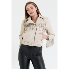 Nero Leather Fur Püsküllü Kadın Deri Ceket