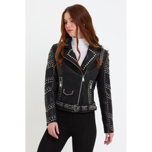 Nero Leather Fur Trok Detaylı Doğal Damarlı Deri Ceket
