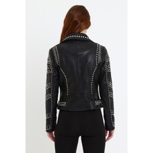 Nero Leather Fur Trok Detaylı Doğal Damarlı Deri Ceket