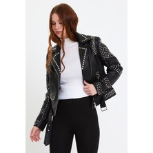 Nero Leather Fur Trok Detaylı Doğal Damarlı Deri Ceket