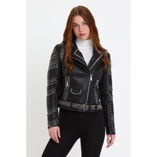 Nero Leather Fur Trok Detaylı Doğal Damarlı Deri Ceket