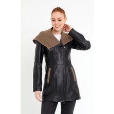 Nero Leather Fur Kol Kapüşon Triko Detaylı Kadın Uzun Deri Ceket
