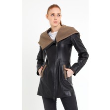 Nero Leather Fur Kol Kapüşon Triko Detaylı Kadın Uzun Deri Ceket