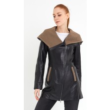 Nero Leather Fur Kol Kapüşon Triko Detaylı Kadın Uzun Deri Ceket