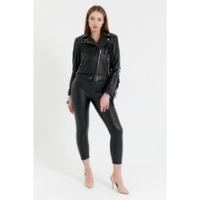 Nero Leather Fur Püsküllü Kadın Deri Ceket