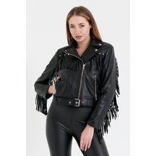 Nero Leather Fur Püsküllü Kadın Deri Ceket