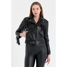 Nero Leather Fur Püsküllü Kadın Deri Ceket