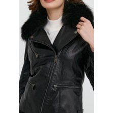 Nero Leather Fur Yaka Kürk Spor Kadın Deri Ceket