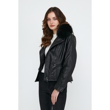 Nero Leather Fur Yaka Kürk Spor Kadın Deri Ceket