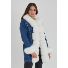 Nero Leather Fur Yaka, Kol ve Önler Kürk Içi Çıkma Astar Kadın Uzun Kot Ceket