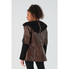 Nero Leather Fur Kol Kapüşon Triko Detaylı Kadın Deri Ceket
