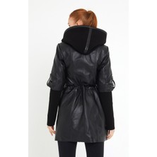 Nero Leather Fur Kol Kapüşon Triko Detaylı Kadın Uzun Deri Ceket