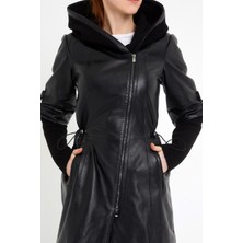 Nero Leather Fur Kol Kapüşon Triko Detaylı Kadın Uzun Deri Ceket