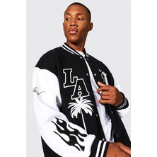 NewLaker Unisex Oversize Siyah Los Angeles Nakiş Işlemeli Bomber Kolej Ceket