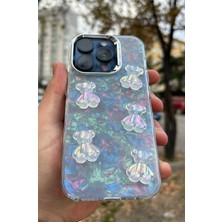 SPHONE Apple iPhone 15 Pro Max Uyumlu Kılıf Renkli Kalp Kurdele 3D Kabartma Ayıcık Emoji Kristal Şeffaf Clear