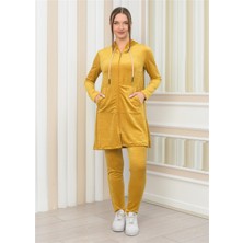 Nuseel Kadın Kapşonlu Fermuarlı Tunik Pantolon Ikili Takım Hardal