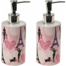 Bosphorus Banyo Seti Seramik Sıvı Sabunluk 2 Adet Kızlı Paris Desenli 7X7X18CM 320ML