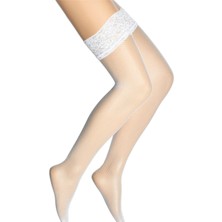 Teknoo Silikonlu Dore File Desenli Kadın Jartiyer Çorabı Beyaz